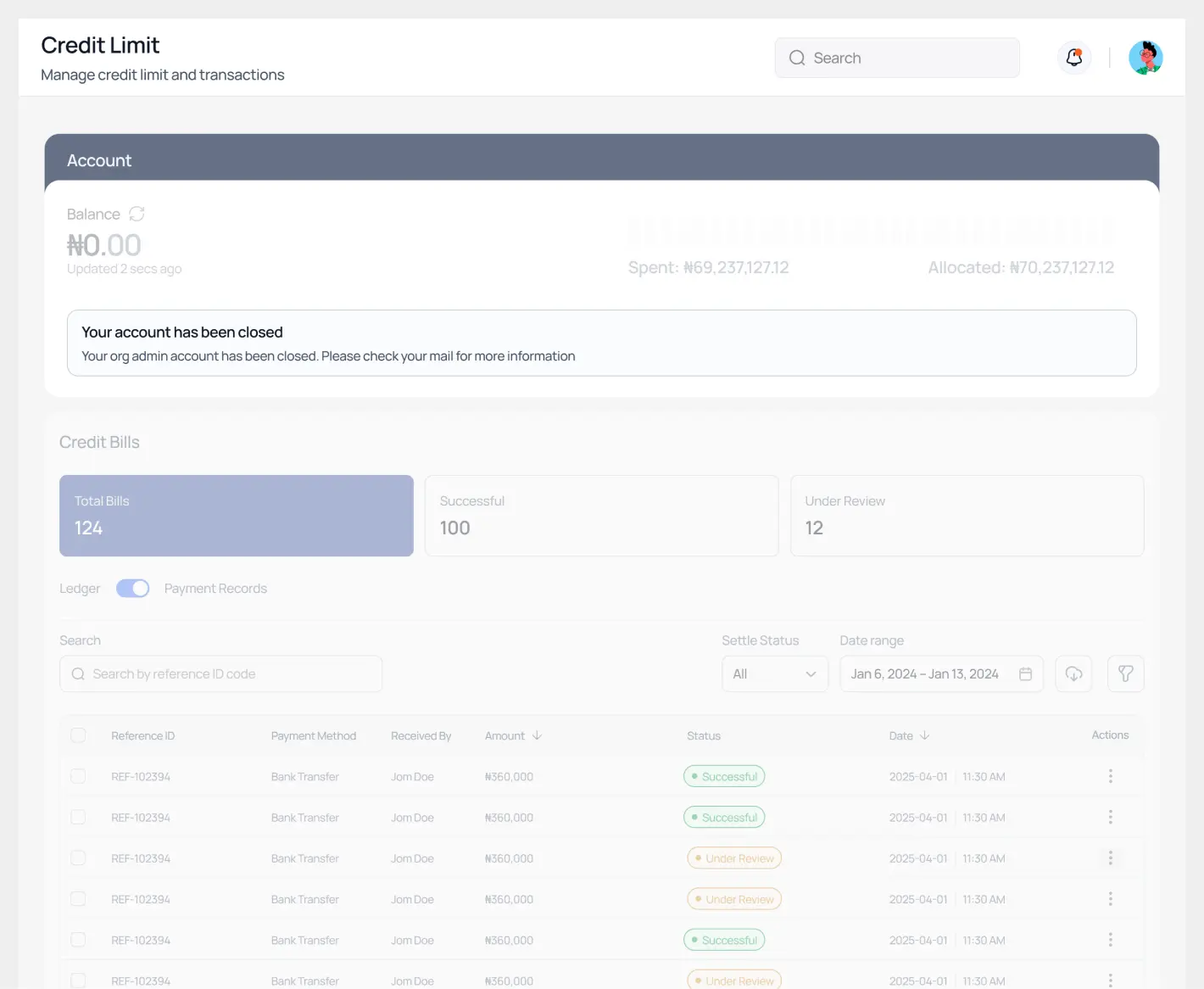 The corporate credit limit screen, with an empty-state notice and a table of limits.