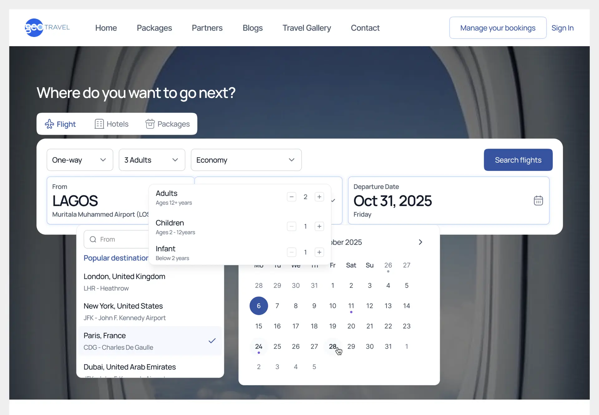 Flight search on the marketing site, headed “Where do you want to go next?”, with the date picker open.