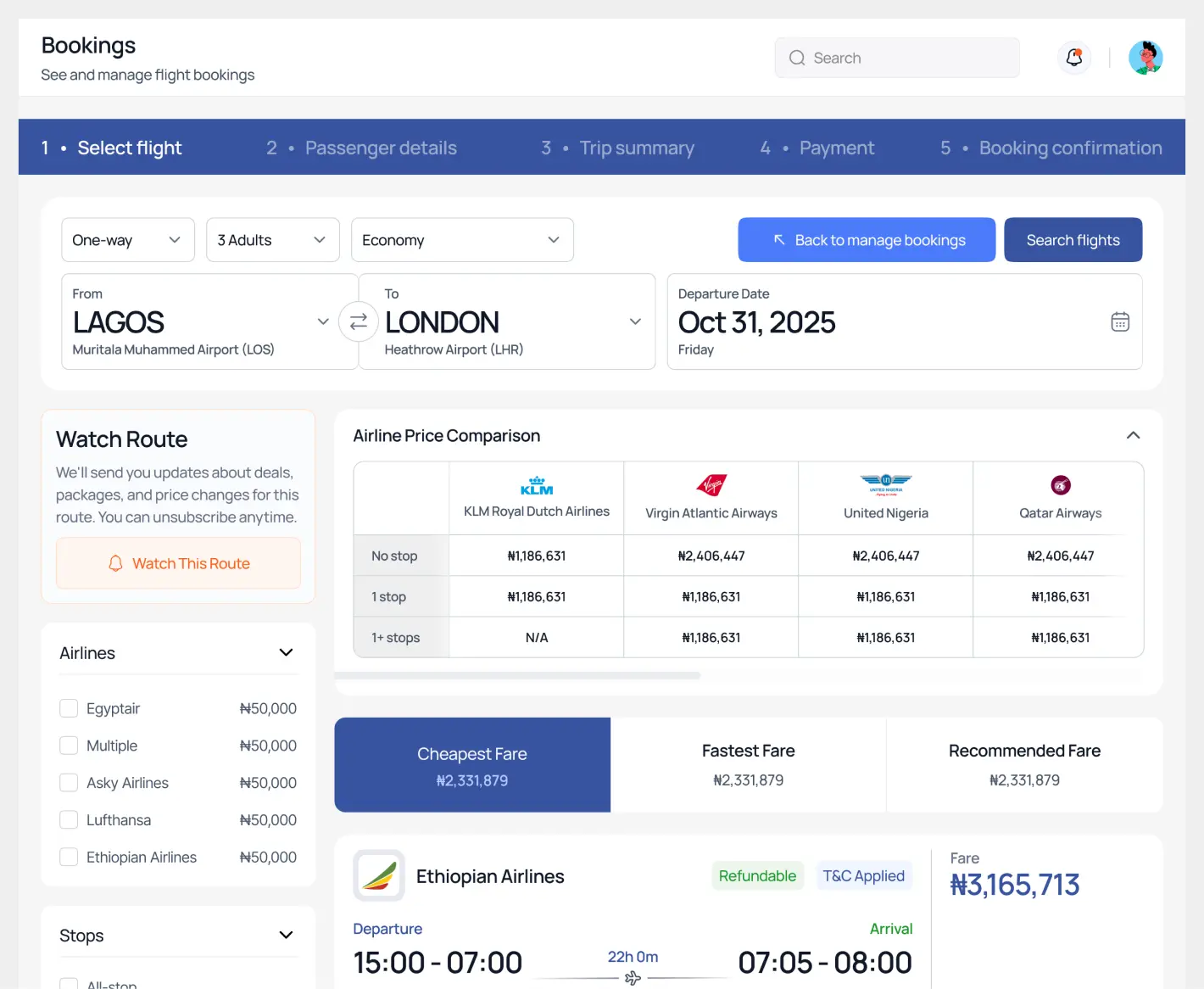 The booking flow at the flight-selection step, with an airline price comparison and a fare watch panel.