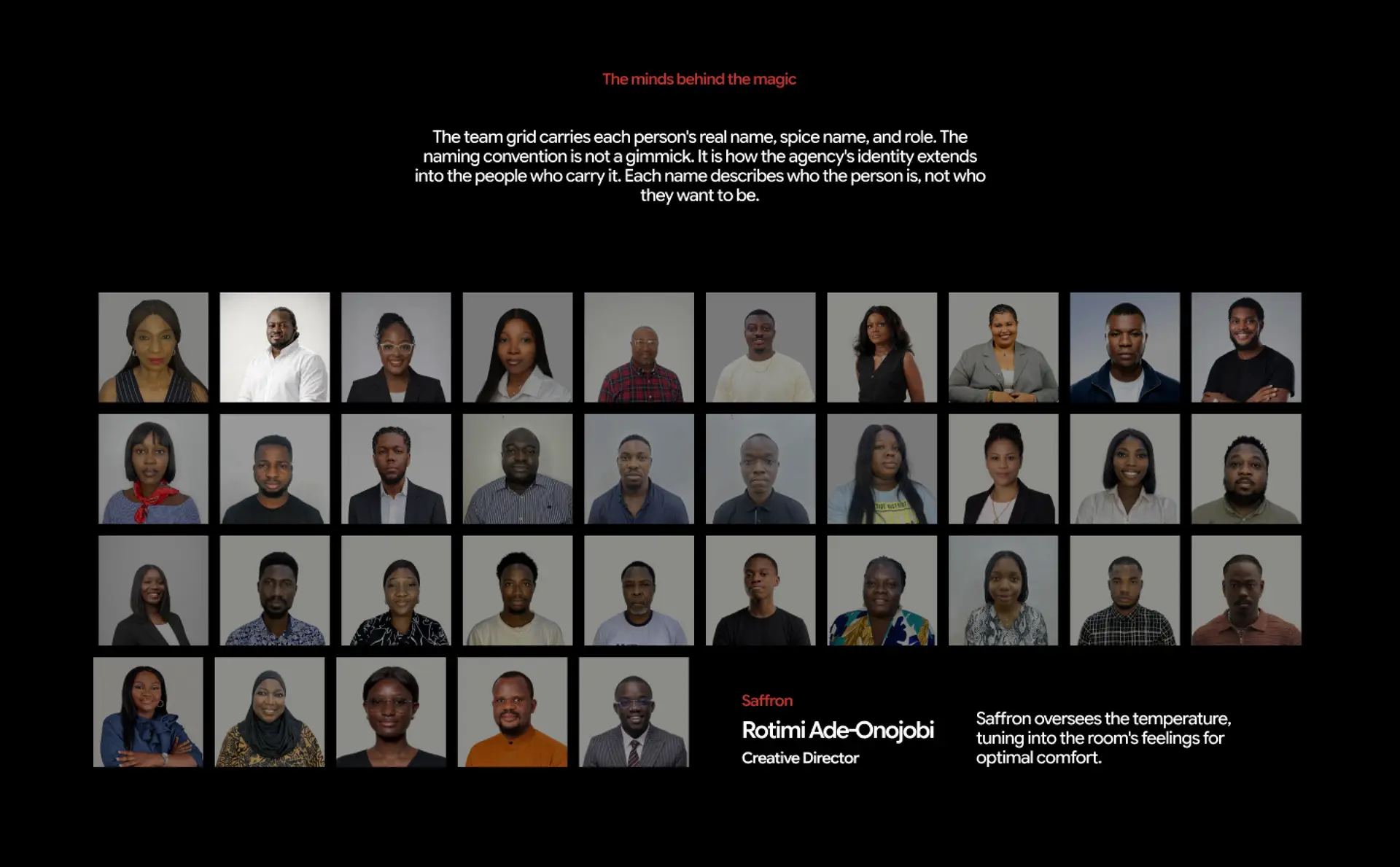 The team page: a grid of staff portraits beside a quote from creative director Rotimi Ade-Onojobi.