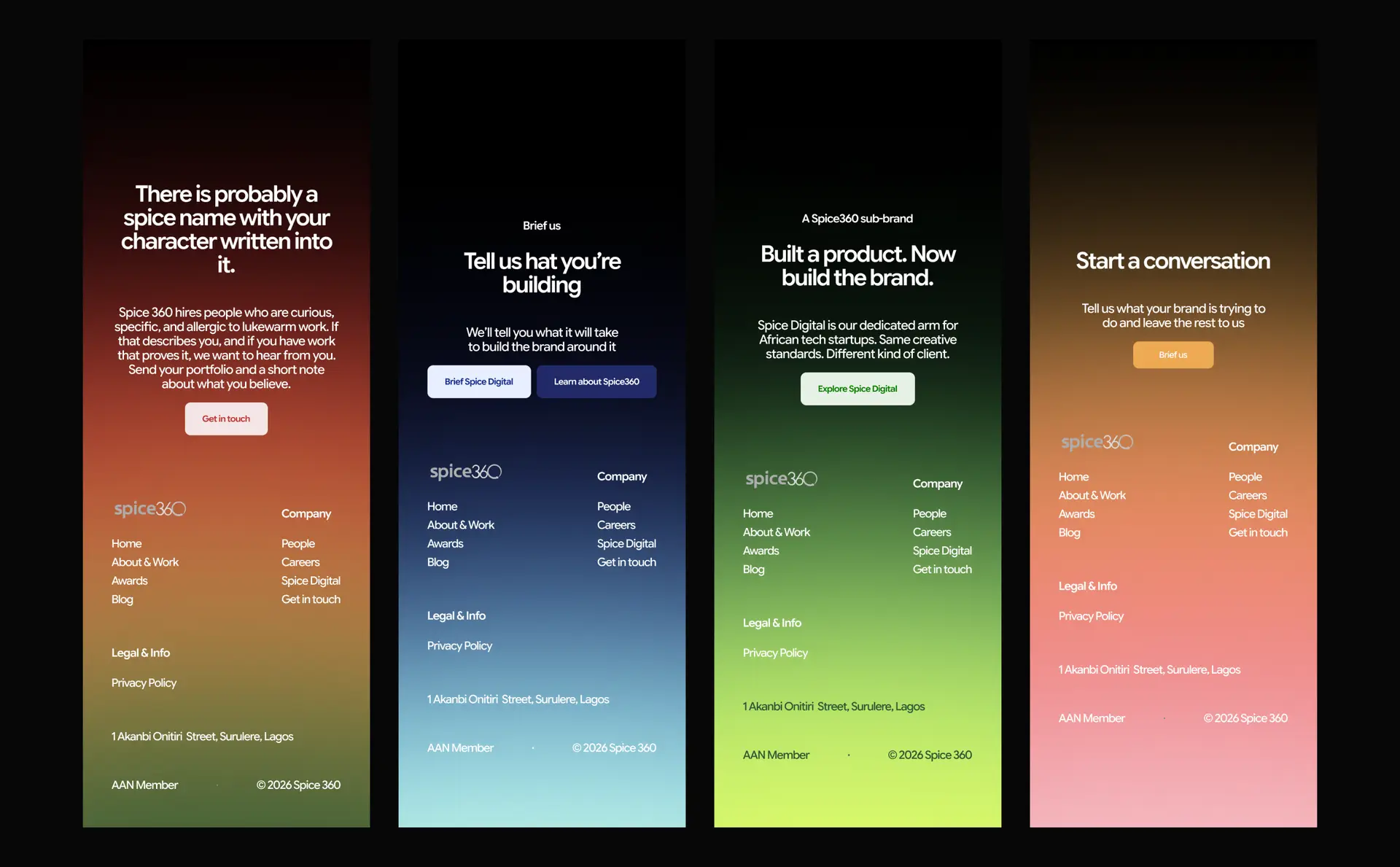 Four enquiry and contact screens in sequence, each on a different colour.