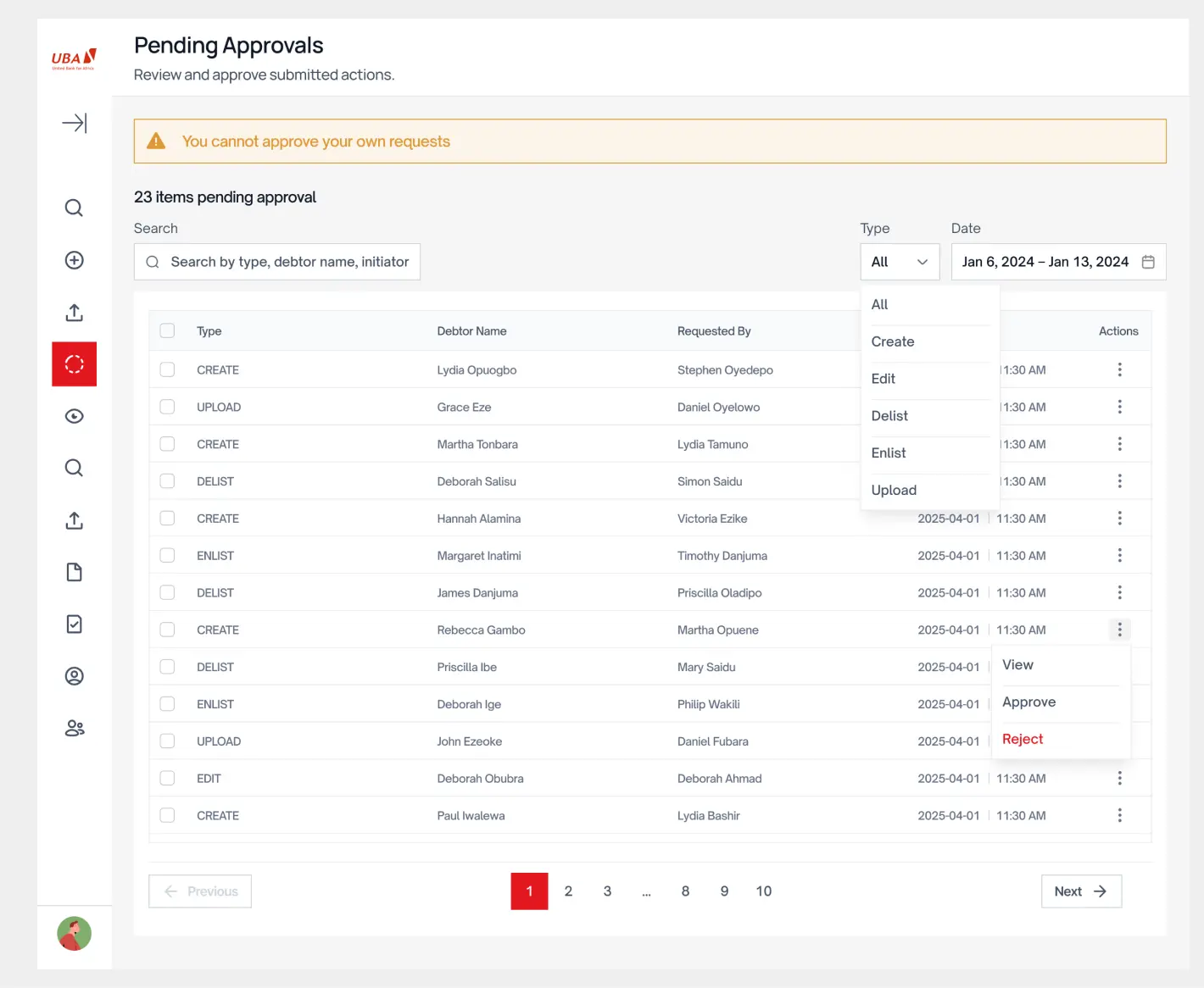 The pending approvals queue: a table of debtor records with status filters and a date range.