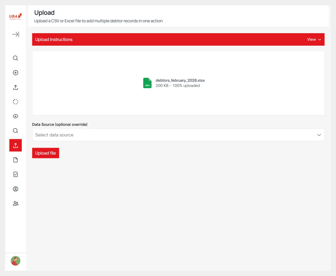 The bulk upload screen, showing a completed CSV upload and a data source selector.